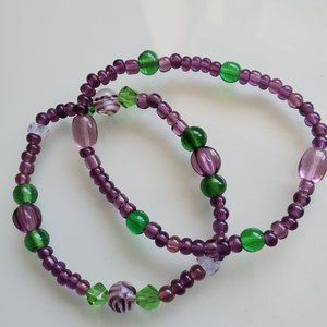 Handcrafted Purple Green Art Glass Beaded Stretch Bracelet Bundle Set NEW